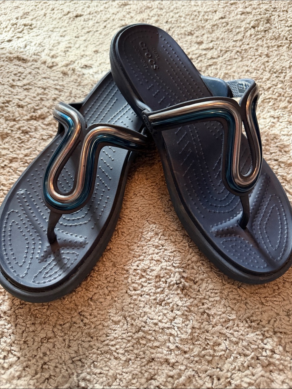 CROCS Dark Blue Flip Flops with Iridescent Wave Strap
